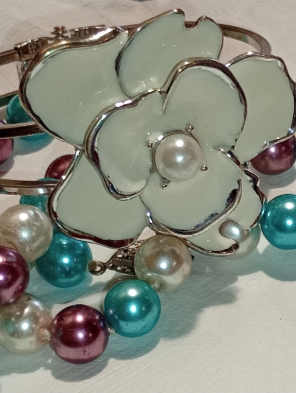 Pearl Multicolor Bead  Necklace - Teal, Purple & Ivory And Enamel Cuff Bracelet